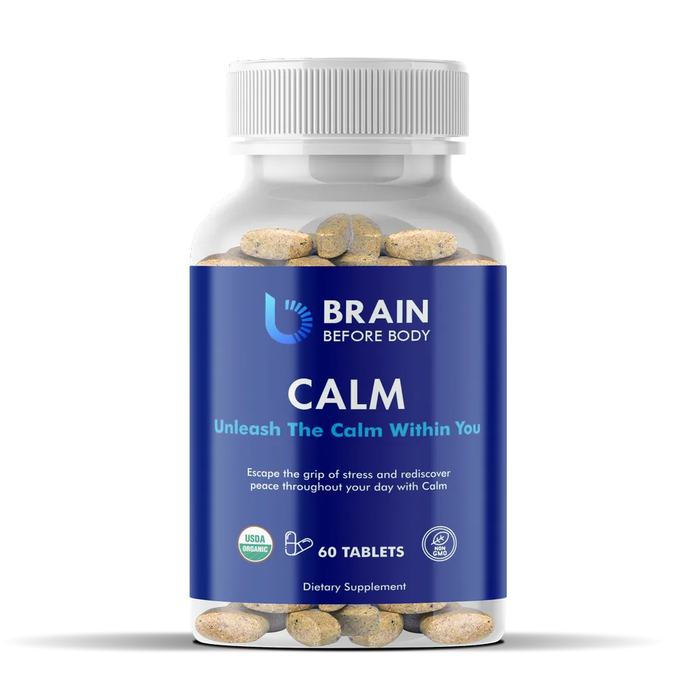 A bottle of Calm Supplements By Brain Before Body