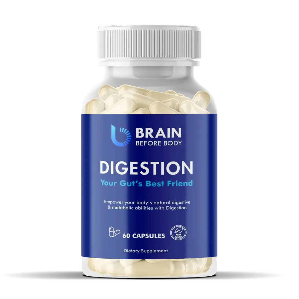 A bottle of Digestion Supplements By Brain Before Body