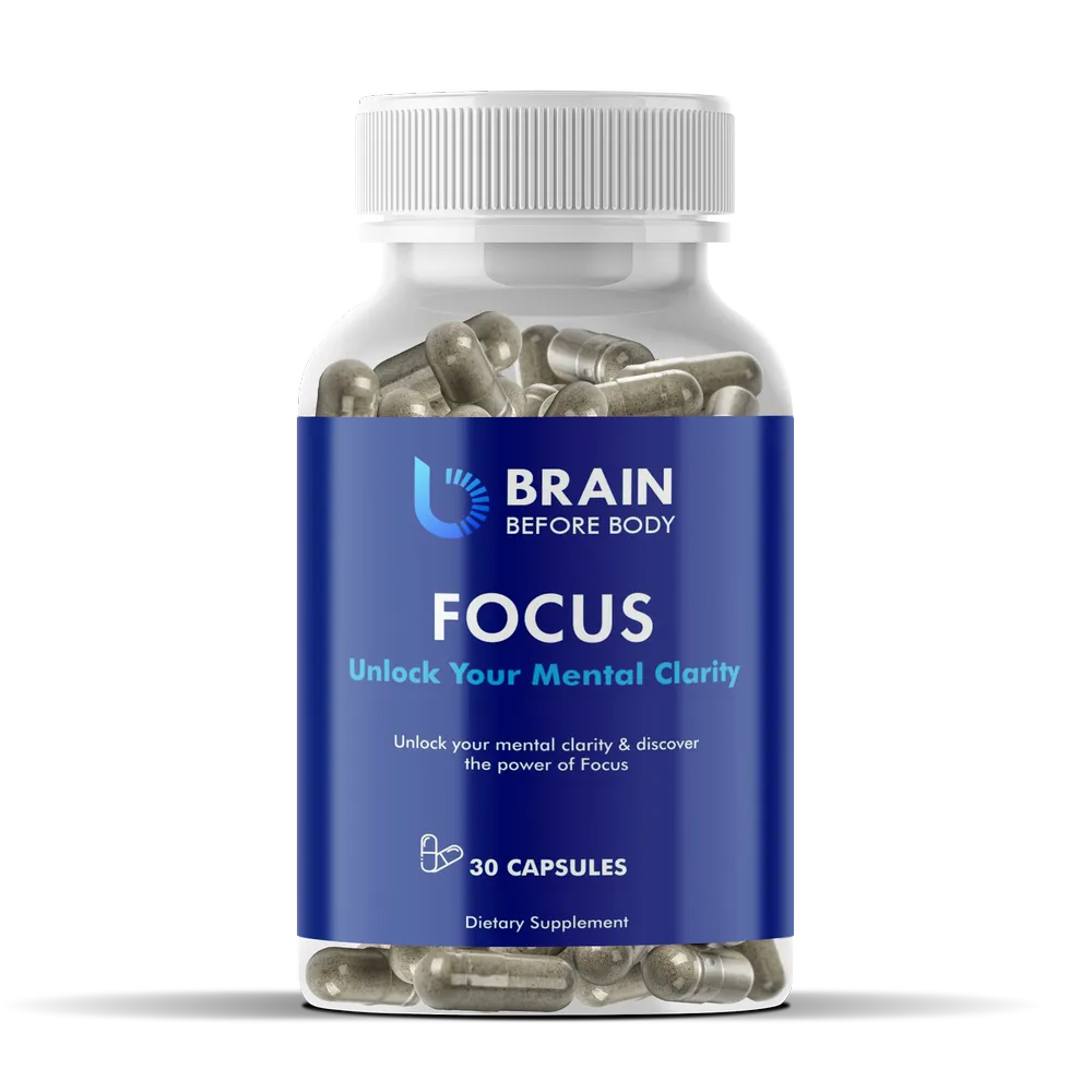 A bottle of Focus Pills By Brain Before Body