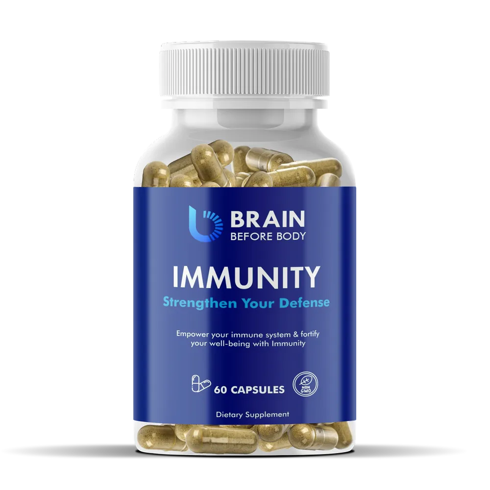 A bottle of Immunity Nootropics Pills By Brain Before Body