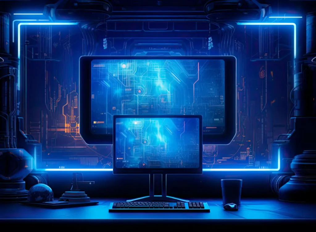 A computer monitor on a desk