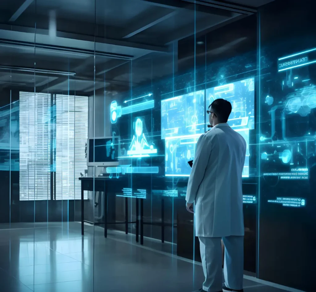 A man in a lab coat is looking at a computer screen