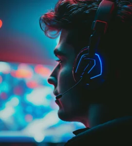 A man wearing a headset in front of a computer screen