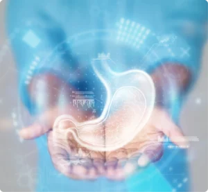 A medical concept doctors hands blue coat closeup stomach hologram xray ultrasound stomach medical care anatomy doctor
