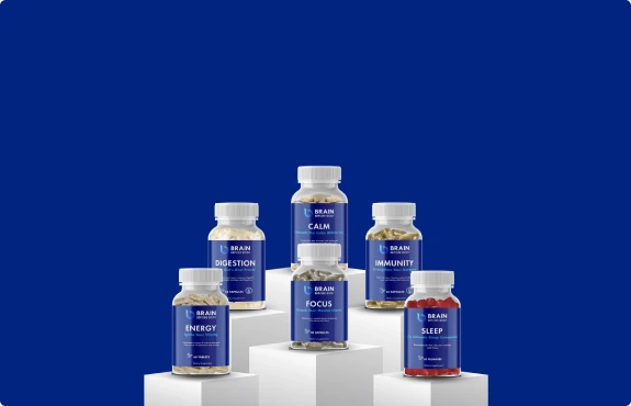 A set of bottle of Brain Before Body nootropics like Calm, Digestion, Immunity, Focus, Energy, Sleep