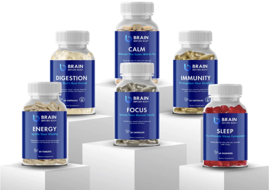 A set of bottles of Brain Before Body's Supplements like Calm, Digestion, Immunity, Focus, Energy, Sleep