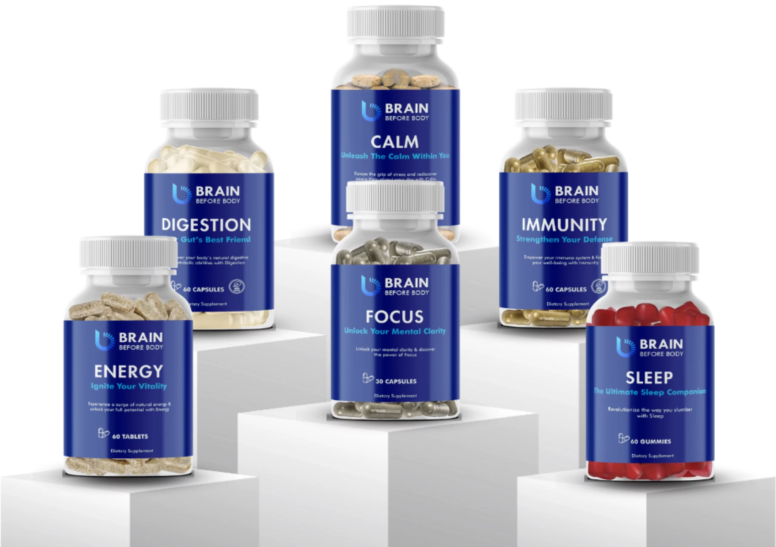 A set of bottles of Brain Before Body's Supplements like Calm, Digestion, Immunity, Focus, Energy, Sleep