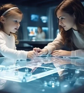 A woman and a child are looking at a futuristic table