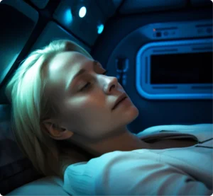 A woman sleeping in a bed with blue lights