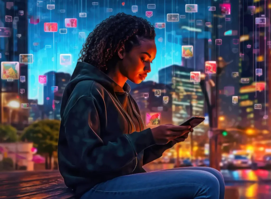 A young girl sitting on a bench looking at her phone