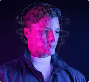 Handsome man with neon hologram glitch effect